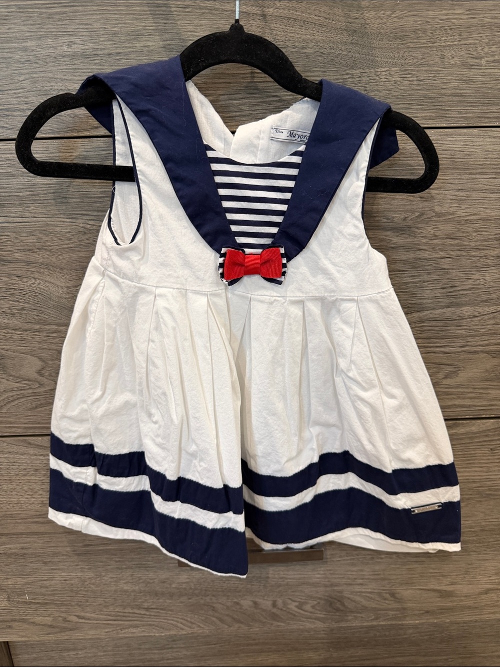 Mayoral White and Navy Sailor Dress with Red Bow